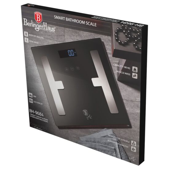 BerlingerHaus Testzsíranalizáló üveg személymérleg 180 kg - Metallic Line Carbon Edition